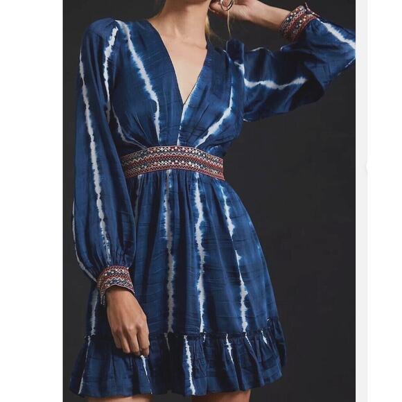 Anthropologie Verb Pallavi Singhee Beaded Tie Dye Mini Dress Blue Lyocell XSP - Picture 2 of 12